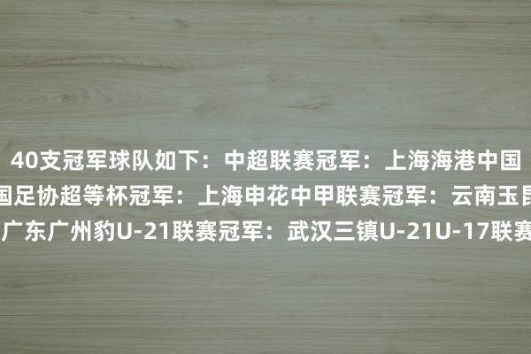 40支冠军球队如下：中超联赛冠军：上海海港中国足协杯冠军：上海海港中国足协超等杯冠军：上海申花中甲联赛冠军：云南玉昆中乙联赛冠军：广东广州豹U-21联赛冠军：武汉三镇U-21U-17联赛冠军：上海海港U-17U-15联赛冠军：广州俱乐部U-15中冠联赛冠军：深圳二零二八女超联赛冠军：武汉车谷江大女甲联赛冠军：辽宁沈北禾丰女足女乙联赛冠军：山东精花女足女子足协杯冠军：北京雨虹修缮女足锦标赛冠军：江苏